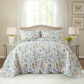 HoneiLife Queen Quilt Bedding Set - 3 Pieces Microfiber Quilt Sets Lightweight Bedspreads Reversible Coverlets Retro Bed Cover Floral Bedding Set Wildflower Quilts All Season Use