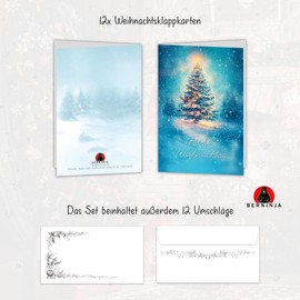 Set of 12 Christmas Folding Cards with Envelopes | Magnificent Christmas Tree in Winter Landscape - Watercolour Design | High-Quality A6 Cards Made of 300 g Chrome Cardboard