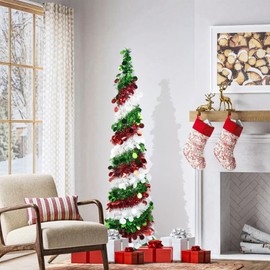 Goviraye 5FT Pop Up Christmas Tree with Red Green White Glitter Sequins | Collapsible & Skinny Pencil Design for Easy Holiday Decor