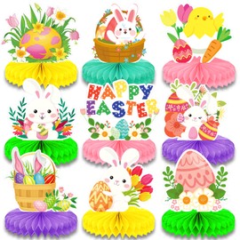 9 Pieces Easter Honeycomb Centerpieces Table Decor, Cute Bunny Chick and Eggs Happy Easter Spring Festive Pattern Table Topper Ornaments Signs, Holiday Easter Day Party Decorations