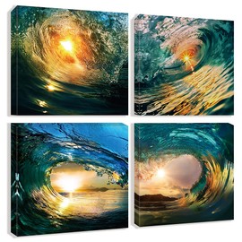 Ocean Wave Paintings Canvas Wall Art Prints for Living Room Bathroom 4 Pieces Blue Waves Sunset Seascape Pictures Artwork for Modern Home Office Decor 12"x12"
