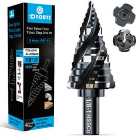 Four Spiral Flute M35 Step Drill Bit Set 1/8"-1"(9 Sizes), 3/8" Shank for Metal Step Drill bit, Impact Resistant Cobalt Step Drill Bit, for Stainless Steel, Wood, Aluminum, Plastic