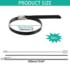 BUXIMN 50pcs Metal Zip Ties Heavy Duty Outdoor, 304 Stainless Steel Epoxy Coated Push Mount Zip Ties Black, Self Locking Wire Ties Strap, Chain Link Fence Ties (20 inch)