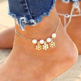 Edary Boho Tassel Snowflake Anklets Gold Ankle Bracelets Pearl Anklet Chain Beach Foot and Hand Chain Jewelry for Women and Girls