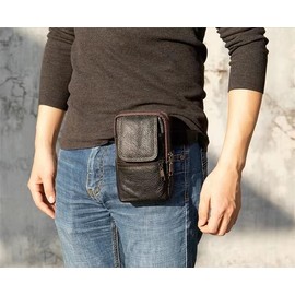 Coffee Shoulder Messenger Bag, Leather Cell Phone Waist Pack Mens, Travel Business Crossbody Pack Multi Pocket Wallet Mini Satchel Side Bag Waterproof Phone Belt Loop Bags with Shoulder Long Strap