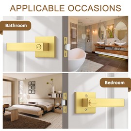 Probrico 2 Pack Gold Privacy Door Handles,Antique Brass Heavy Duty Bedroom and Bathroom Door Knobs with Lock,Square Interior Keyless Lockset Levers