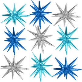 Blue Silver Star Balloons,9Pcs Blue Silver Explosion Star Foil Balloons,22Inch Spike Cone Star Helium Mylar Balloons for Birthday Anniversary Baby Shower Disco Party Decorations
