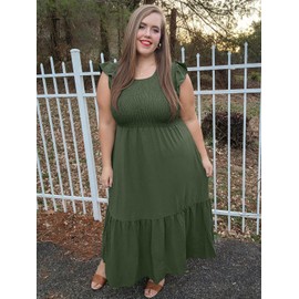 OFEEFAN Long Dress Womens Maxi Dresses Summer Ruffle Sleeve Tiered Dress Army Green M