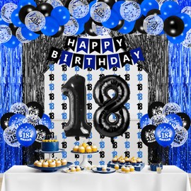 18th Birthday Decorations for Boys Navy Blue Black Happy Birthday Banner Number 18 Hanging String Foil Fringe Curtains Backdrop Balloons Garland Arch Kit for Him 18 Years Old Birthday Party Supplies