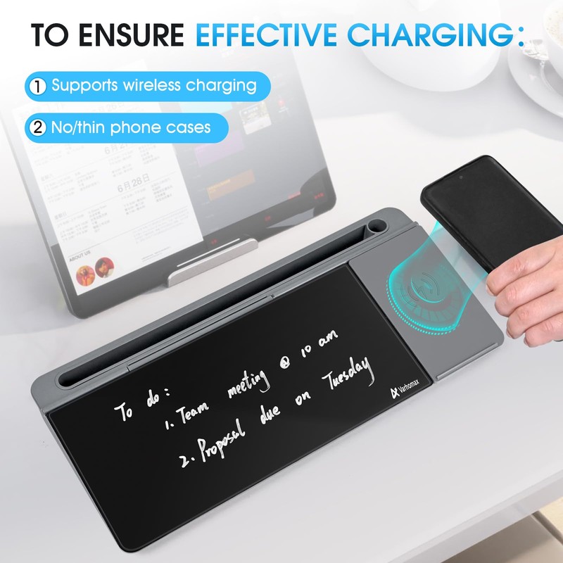 Varhomax Glass Desk Whiteboard with Wireless Charger, Desktop Organizer Dry