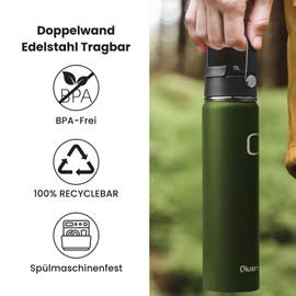 Qiusmart Stainless Steel Water Bottle with Straw 750 ml: Leak-Proof Double-Walled Vacuum Insulated Bottle for Sports, Travel, Gym, BPA-Free (Army Green)