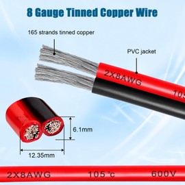 8 Gauge Wire 2 Conductor Tinned Copper Cable, Flexible 8 AWG Marine Wire for Solar Panel, LED Strip, Boat, Automotive, Trailer and Speaker (8 Gauge 20FT)