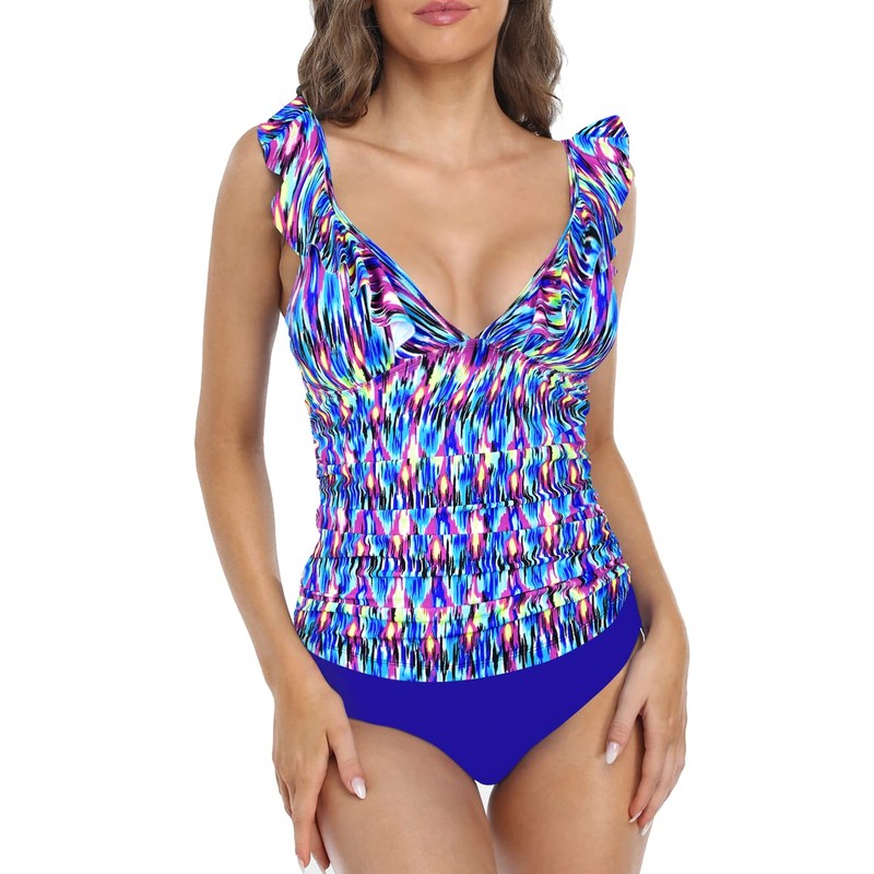 Hilor Women's Tankini Swimsuits Shirred Tummy Control Swimwear Ruffled V