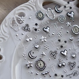 Pegatinas de arte de uñas de corazón de plata 5D reloj en relieve pegatinas de uñas de San Valentín pegatinas de uñas arte de luna estrella de la luna suministros de diseño de uñas para mujeres y