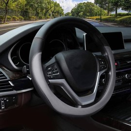 SOZOMO Funda de Piel para Volante de Coche,Cubierta Volante Coche, Funda Universal para Volante de Cuero de Microfibra,Cuero Ultrafino, Elástica, Transpirable, Antideslizante, de 38.1 cm(Gris) ﻿