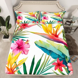 Erosebridal Tropical Tree Plant Fitted Sheet Queen Size for Kids Girls Women, Watercolor Red Hibiscus Flower Pattern Printed Bed Sheet Set,Palm Leaves Bedding Sets with 2 Pillow Cases,Soft,Green Pink