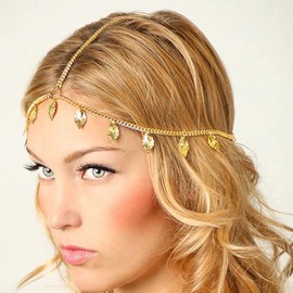 Zeshimb Gold Bridal Head Chain Boho Leaf Wedding Headband Layered Forehead Chain HeadPieces Vintage Multilayer Tassel Leaves Head Band Gypsy Costume Hair Accessories for Women Girls
