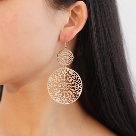 Aneneiceera Boho Filigree Hollow Disc Dangle Drop Earrings Boho Gold Ethnic Carved Flower Disc Earrings Statement Hook Wedding Bridesmaid Jewellery for Women and Girls (Gold), Metal