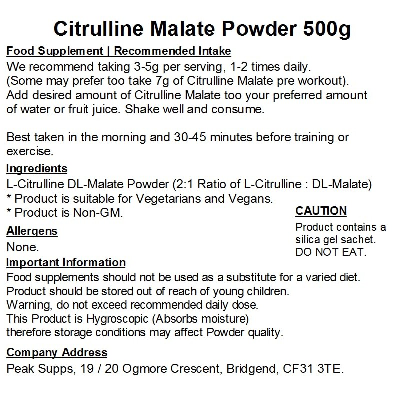 Citrulline Malate Powder 500g - 2 to 1 Ratio -