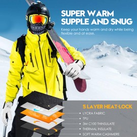 Bruvoalon Y322 Winter Gloves for Men & Women, -10℉ Touchscreen 5-Layer Thermal Insulated, Windproof Anti-Slip Ski Gloves