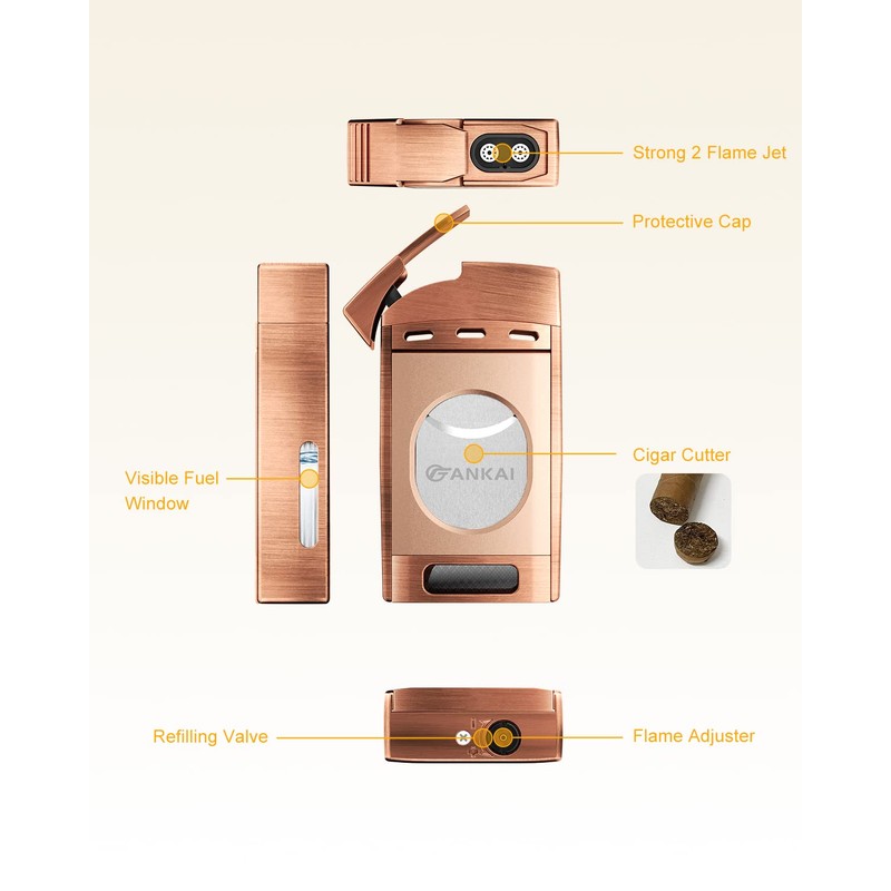 Cigar Lighter with Cutter,FANKAI Torch Lighter Double Jet Flame Refillable