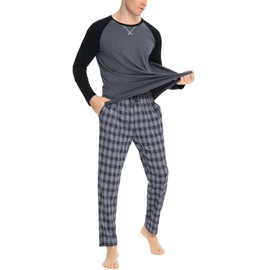 Litherday Men's Long Checked Pyjamas Set with Crew Neck Cotton Sleepwear Winter Pyjamas Two Piece with Pockets Sleepwear for Spring Autumn, Style-1-grey