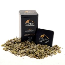 Vitality OLYMPUS Mountain Tea. Organic Greek Herb Tea Mix of: Sideritis Scardica (Greek Mountain Tea), Peppermint, Lemon Balm and Sage. Metal Tin Box 50 g. / 1.76 oz