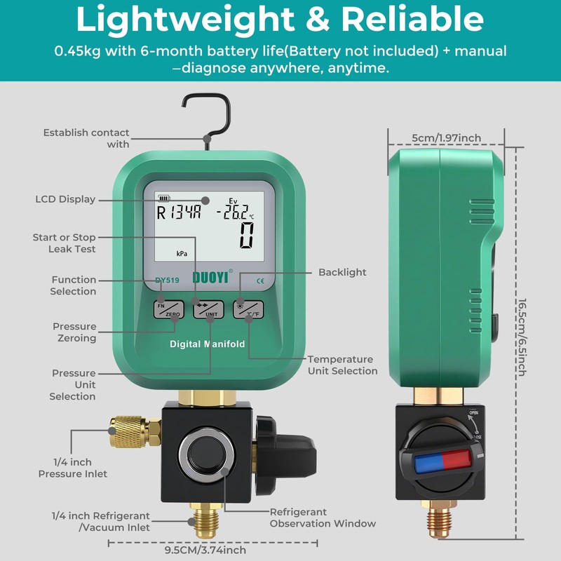 DUOYI DY519 3-in-1 HVAC Digital Manifold Vacuum Gauge Refrigerant Charging,