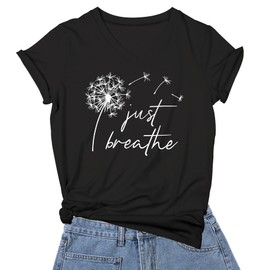 DANVOUY Just Breathe Dandelion T-Shirt for Women Funny Cute V-Neck Shirt Tops Black Large