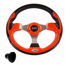Huskey 12.5 Inch Orange Golf Cart Steering Wheel for Club Car Ds Gas & Electric Models, Classic SS Center Logo, Brushed Aluminum Spokes and Anti-Slip Grip