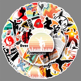 Kung Fu Stickers 50 Pcs Vinyl Cool Funny Teakwondo Sticker for Laptop Skateboard Scrapbook Water Bottle Car Luggage Helmet Phone Computer,Waterproof Cartoon Martial Arts Sticker for Adults Teens
