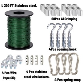 Spark Future 200FT 304 Stainless Steel Wire Rope Kit, 2mm(0.08 inches), Diameter Cable with 60pcs Aluminum Crimps, 4pcs Wire Rope Clips, 4pcs Spring Snaps, 4pcs Screw Hooks（200Feet+ACCS）