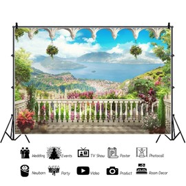 Xiaoterna 7x5ft Fairy Tale Garden Backdrop Retro Garden Terrace Photography Background Dreamy Balcony Scenery Flowers Mountain Romantic Wedding Backdrop Girl Bride Portrait Photo Studio Props