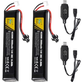 ERYNK 2 Pack 7.4V 2000mAh 452096 30C for Soft Gun Toy,Electric Soft Gun,Water Gun Toys,Airplane Toys,FPV UAV Remote,RC Cars,RC Boat,RC Truck Rechargeable Li-ion Battery SM-2P Joint with USB Charging