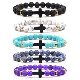 EVELICAL 5Pcs Bead Bracelet for Men Women Lava Rock Stone Cross Bracelet Elastic Style B