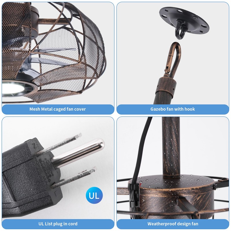 Kuailkag 15" Plug In Ceiling Fan for Outdoor, Portable LED
