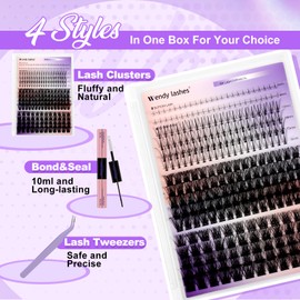 WENDY DIY D Curl Lash Clusters Individual Cluster Lashes Kit 12-18 mixed Wispy Lashes-kit Soft Set with 2 in 1 Lash Bond and Seal,Eyelash tweezers（C3+C9-07-D-1218-Kit）