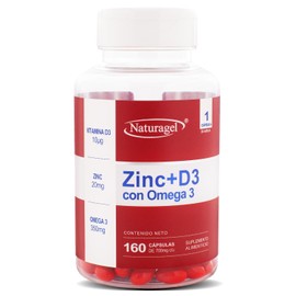 ZINC + D3 | Naturagel Zinc con Vitamina D3 y Omega 3 | Bienestar General, Refuerzo para los huesos y Defensas Naturales | 160 Softgels de 700 mg