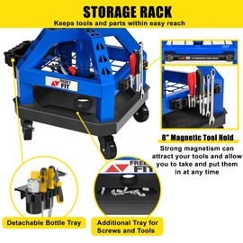 FreekyFit Rolling Shop Stool for Garage with Casters, DO02-Adjustable Height 360° Swivel Shop Seat with Tool Tray Storage, 330 LBS Capacity Padded Mechanic Stool, Magnetic Tool Hold, Heavy Duty, Blue