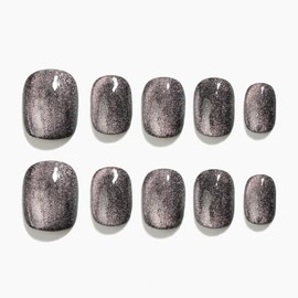 Sun&Beam Nails Handmade Press On Short Round with Black Pink Cat Eye Design Charm Cute False Nail Tips 10 Pcs (#108 L)
