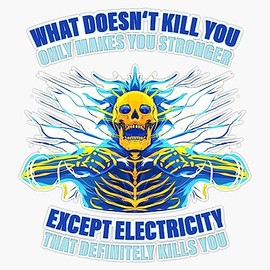 WSQ What Doesn't Kill You Only Makes You Stronger Except Electricity Vinyl Sticker Decal - 5 Inches - Funny Waterproof Electrician Hard hat HelmetTool Box Welder Stickers for Men Vehicles Waterbottle