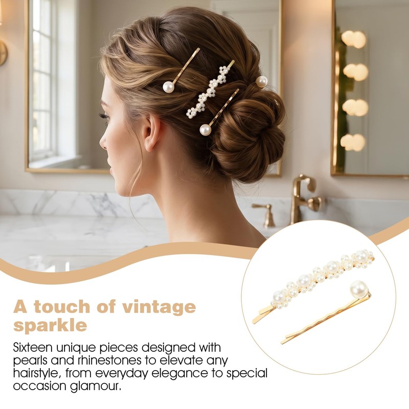 16 Pcs Hair Clips Women Gold Bobby Pins Decorative Pearl