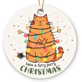 Cat Gifts for Women - 2025 Ceramic Christmas Hanging Ornaments, Gifts for Cats Lovers, Seasonal Decor, Cats Ornaments for Christmas Tree, Funny Gift for Friends, Orange Cat Xmas Ornament