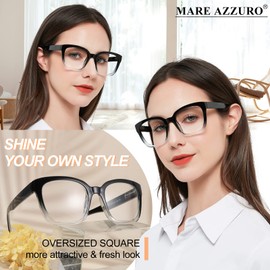 MARE AZZURO Large Square Reading Glasses 2.0 Women Oversized Readers 1.00 1.25 1.50 1.75 2.00 2.25 2.50 2.75 3.00 3.50 4.00 5.00 6.00 (Black+clear, 200)
