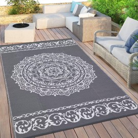 LUXLOOM Reversible Mat 8x10 Plastic Straw Rug Outdoor Rug Medallion Area Rug Waterproof Patio Rug Outdoor Camping Rug for RV Porch Deck Camper Balcony Backyard Easy Cleaning Picnic Mat Grey White