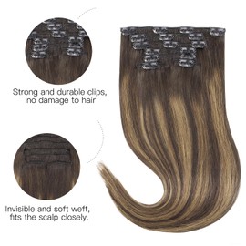 HOTBANANA Human Hair Clip in Hair Extensions, Balayage Dark Brown Mixed Chestnut Brown 75g Clip in Hair Extensions Real Human Hair Straight Remy Hair Dark Roots Ombre 12 Inch 7pcs