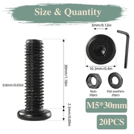 GOHODOMINO M5 x 30 mm Pack of 20 Flat Head Screws with Hexagon Socket Stainless Steel A2 V2A Full Thread Black Oxide with Hex Key