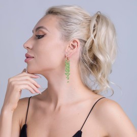 Winssigma Fringe Hoop Dangle Earrings, Long Beads Tassel Chain Earrings for Women Sparkly Chandelier Earrings(Green)