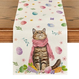 Artoid Mode Flowers Easter Eggs Cat Carrot Easter Table Runner, Seasonal Spring Kitchen Dining Table Decoration for Home Party Decor 40x180 cm