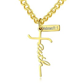 STai Creative Letter Shape Faith Stainless Steel Cross Pendant Necklace for Men Women, Hebrews 11:1 (Gold Pendant + 22 Inch Curb Chain)